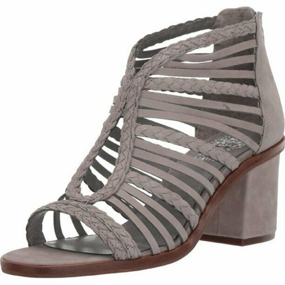 Vince camuto braided leather strappy chunky heel open toe taupe brand new
